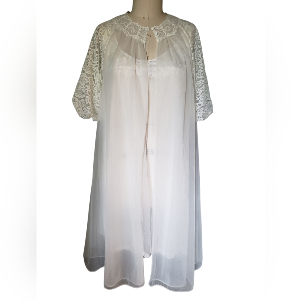 Vintage 1960's White Lace Peignoir Nightgown Robe Set Large